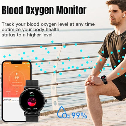 LEMFO Smart Watch for Daily Health and Activity Tracking showing blood oxygen monitoring on wrist and phone app (SpO2 99%)