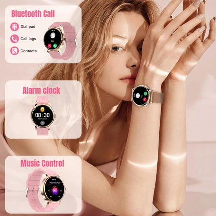 LEMFO Smart Watch for Daily Health and Activity Tracking on model’s wrist showing Bluetooth call, alarm clock and music control features