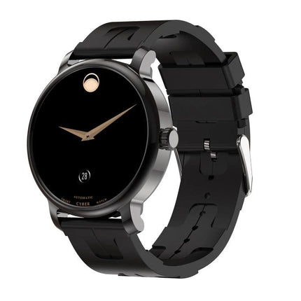 LEMFO Smart Watch for Daily Fitness and Health Tracking showing sleek black round AMOLED display and black silicone band