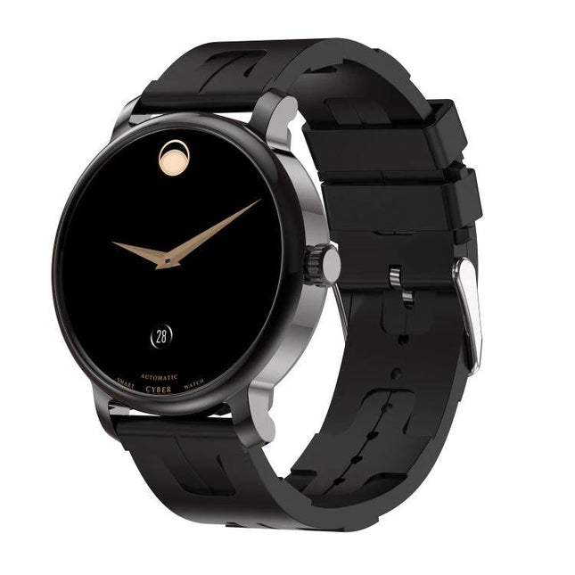 LEMFO Smart Watch for Daily Fitness and Health Tracking showing sleek black round AMOLED display and black silicone band