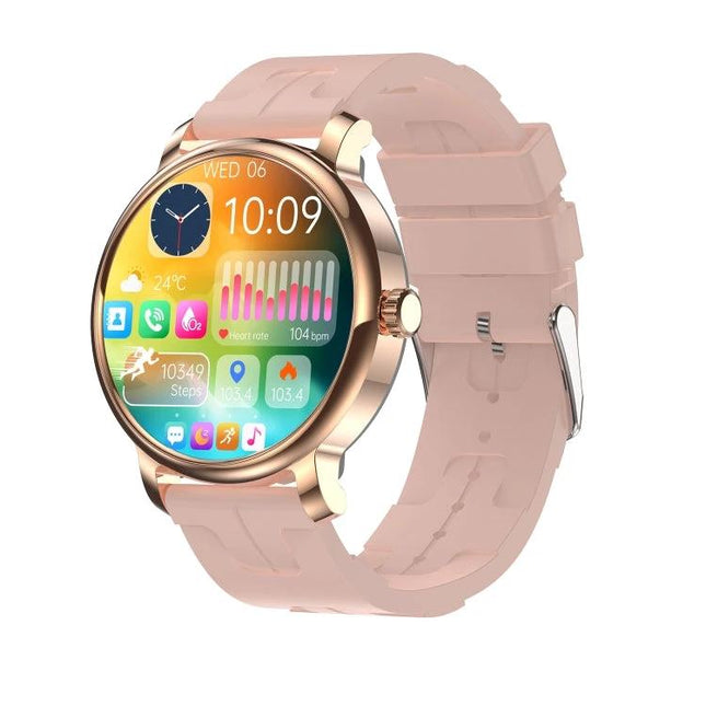 LEMFO Smart Watch for Daily Fitness and Health Tracking - rose gold smartwatch with 1.43-inch AMOLED display showing steps, heart rate and activity widgets