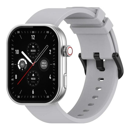 Zeblaze Smart Watch for Everyday Health and Activity Use showing silver case, black watch face with activity dials and gray silicone band