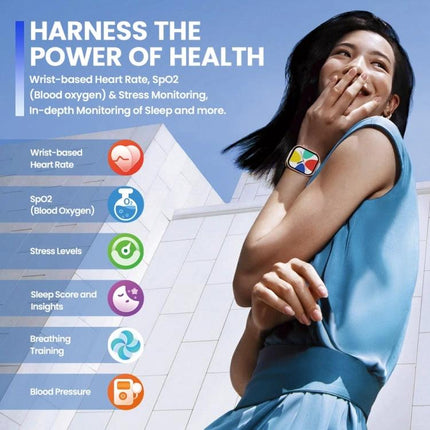 Zeblaze Smart Watch for Everyday Health and Activity Use wrist-based heart rate SpO2 sleep monitoring on woman wearing colorful watch
