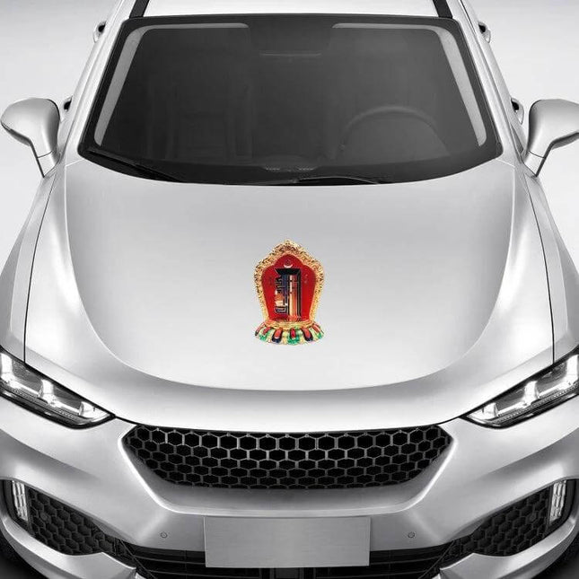 Tibetan Bagua Diagram Self-Adhesive Car Sticker for Smooth Surfaces centered on silver car hood, traditional Tibetan symbol PVC decal