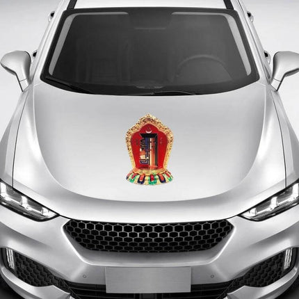 Tibetan Bagua Diagram Self-Adhesive Car Sticker for Smooth Surfaces centered on silver car hood, PVC decorative Tibetan design