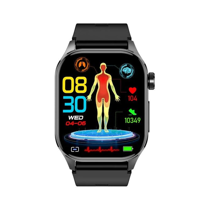Versatile Smart Watch for Daily Fitness and Health Tracking — black smartwatch displaying heart rate 104, steps 10349, ECG and body health metrics