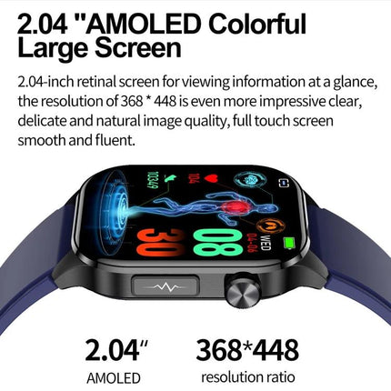 Versatile Smart Watch for Daily Fitness and Health Tracking showing 2.04-inch AMOLED colorful large screen with 368x448 resolution and health metrics