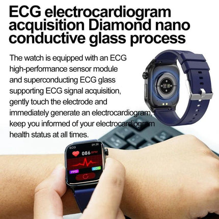 Versatile Smart Watch for Daily Fitness and Health Tracking showing ECG readout on wrist with blue strap and health metric display