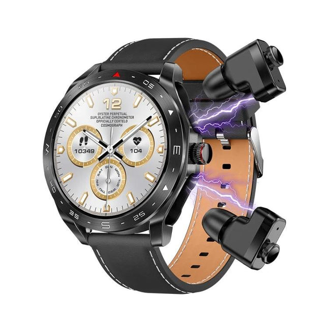 LEMFO Smart Watch for Daily Health Tracking and Connectivity shown with leather band, heart-rate display and wireless earphones