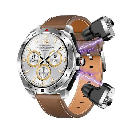 LEMFO Smart Watch for Daily Health Tracking and Connectivity with brown leather band and built‑in earphones
