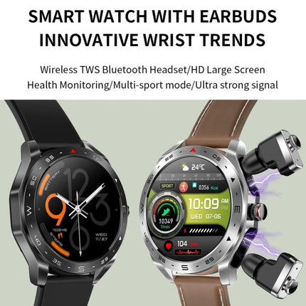 LEMFO Smart Watch for Daily Health Tracking and Connectivity showing two watches with earbuds, heart rate and activity screens