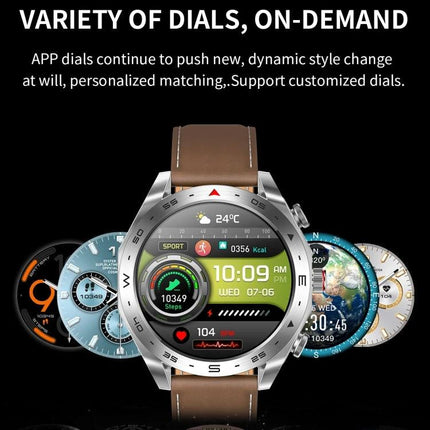 LEMFO Smart Watch for Daily Health Tracking and Connectivity displaying multiple customizable watch dials and health metrics on leather strap