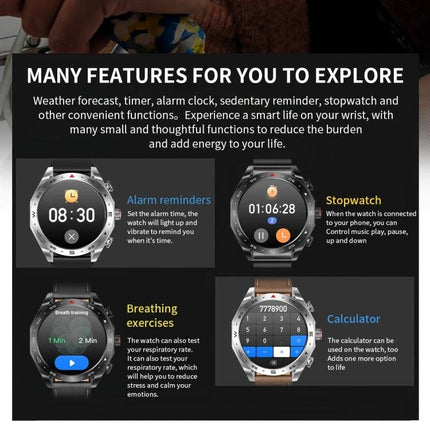 LEMFO Smart Watch for Daily Health Tracking and Connectivity showing features: alarm reminders, stopwatch, breathing exercises, and calculator on wrist display