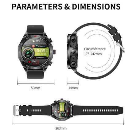 LEMFO Smart Watch for Daily Health Tracking and Connectivity — black watch with dimensions 50mm face, 14mm thickness, 263mm strap and 175-242mm circumference