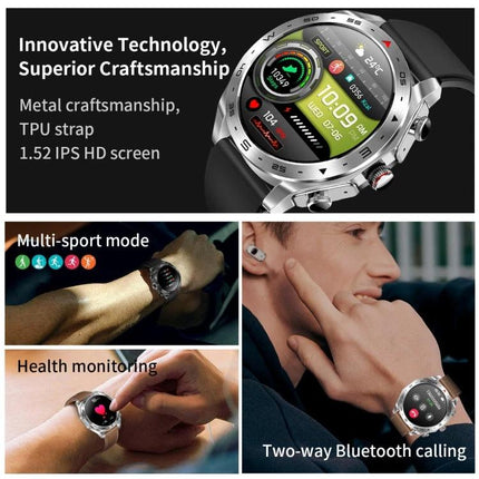 LEMFO Smart Watch for Daily Health Tracking and Connectivity showing metal design, 1.52" IPS screen, health monitoring and Bluetooth calling