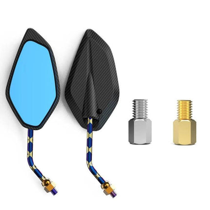 Motorcycle Rearview Mirror Burnt Titanium Diamond Plating Gold Blue – anti-glare HD glass, aluminum alloy housing, ABS backing, gold and blue stem accents