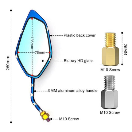 Motorcycle Rearview Mirror Burnt Titanium Diamond Plating Gold Blue - blue-ray HD glass, 9mm aluminum alloy handle, M10 screw dimensions