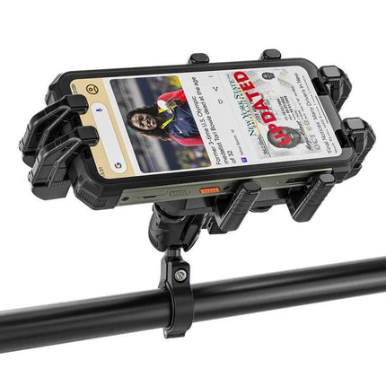 Ulefone Armor Mount Pro Universal Bicycle Phone Holder 360 Rotation mounted on bike handlebar holding a 6.5-inch phone securely
