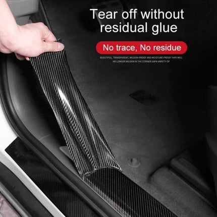Universal Carbon Fiber Style Car Door Protection Strip Guard shown being applied to car door sill, acrylic carbon-fiber look protecting against dings