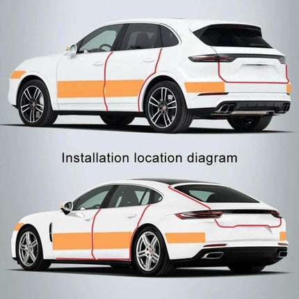 Universal Carbon Fiber Style Car Door Protection Strip Guard installed on white SUV showing installation locations on doors and bumpers