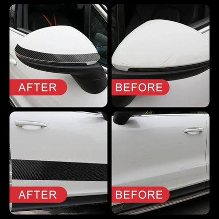 Universal Carbon Fiber Style Car Door Protection Strip Guard on white car mirror and lower door - before and after protection
