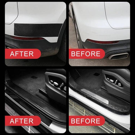 Universal Carbon Fiber Style Car Door Protection Strip Guard installed on white car showing before and after bumper and sill protection