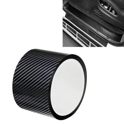 Universal Carbon Fiber Style Car Door Protection Strip Guard installed on car door edge showing carbon fiber acrylic strip protecting against dings and scratches
