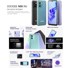 DOOGEE N50 Pro Smartphone - 6.52" HD+ Display, 50MP AI Camera, 8GB RAM + 256GB Storage, Side Fingerprint Sensor, Android 13, 4G Network, OTG Support