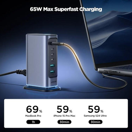 JOYROOM Multi-Port Charger for Daily Home and Travel Use - vertical 65W multi-port charger powering laptop and phone simultaneously, ideal for home and travel