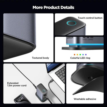 JOYROOM Multi-Port Charger for Daily Home and Travel Use showing textured body, touch control button, colorful LED ring, 1.5m cord and washable adhesive