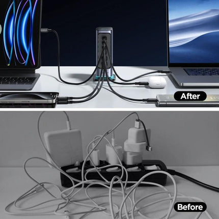 JOYROOM Multi-Port Charger for Daily Home and Travel Use powering multiple devices neatly on a desk for travel and home charging