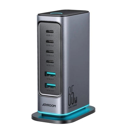 JOYROOM Multi-Port Charger for Daily Home and Travel Use vertical 65W tower with 4 USB-C and 2 USB-A ports in gray