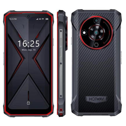 Durable HOTWAV Phone for Everyday Tough Situations - rugged black and red phone front, side, and back view showing durable design and camera