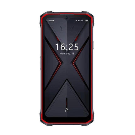 Durable HOTWAV Phone for Everyday Tough Situations rugged red-black smartphone showing lock screen, durable design for outdoor and work use