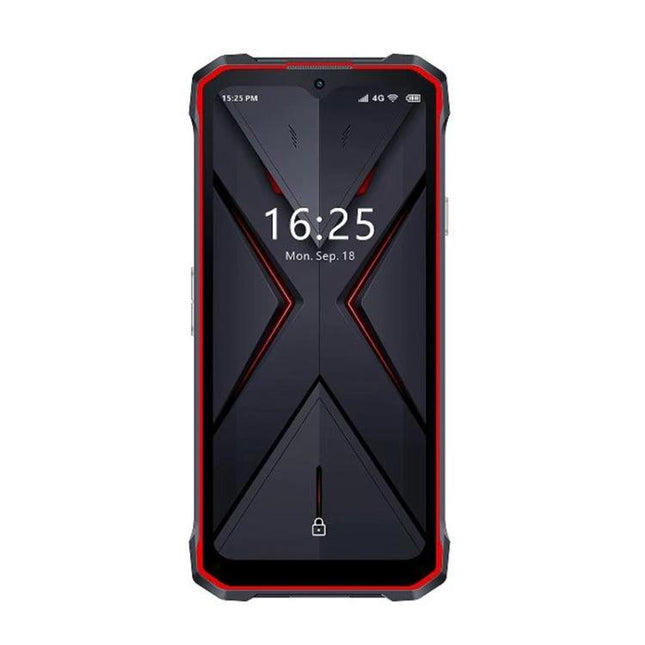 Durable HOTWAV Phone for Everyday Tough Situations rugged red-black smartphone showing lock screen, durable design for outdoor and work use