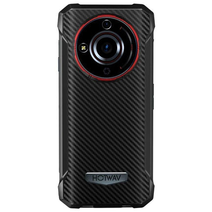 Durable HOTWAV Phone for Everyday Tough Situations rugged black carbon-fiber textured back with circular camera module