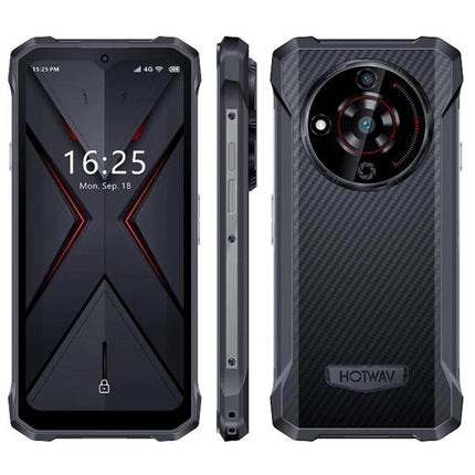 Durable HOTWAV Phone for Everyday Tough Situations rugged black phone front side and back with carbon-fiber texture and large circular camera