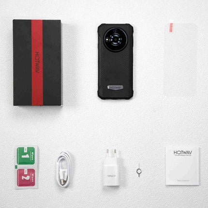 Durable HOTWAV Phone for Everyday Tough Situations - rugged black HOTWAV with accessories laid out for outdoor and work use