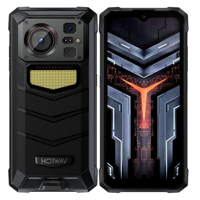HOTWAV Rugged Phone for Daily Outdoor Activities - black rugged smartphone front and back with heavy-duty case and large camera