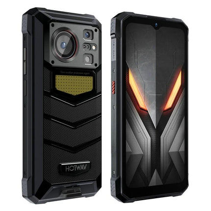 HOTWAV Rugged Phone for Daily Outdoor Activities - durable black rugged smartphone shown front and back with reinforced corners and textured grip