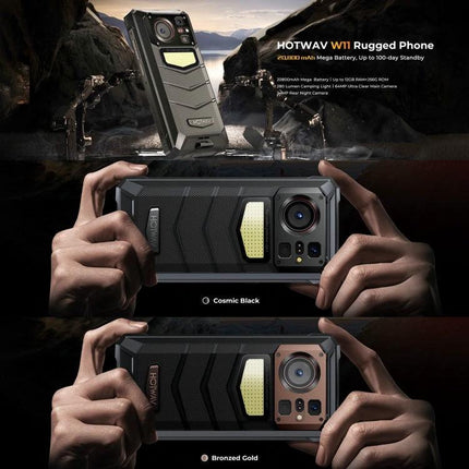 HOTWAV Rugged Phone for Daily Outdoor Activities rugged cosmic black phone held outdoors showing durable build and camera features