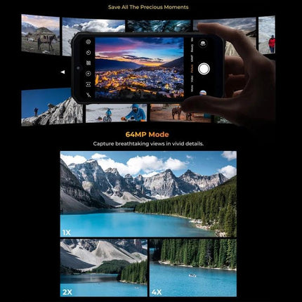 HOTWAV Rugged Phone for Daily Outdoor Activities showing 64MP camera capturing mountain lake with 1x 2x 4x zoom options
