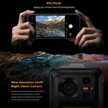 HOTWAV Rugged Phone for Daily Outdoor Activities showing hands using camera pro mode with 24MP night vision camera