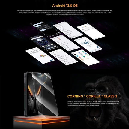 HOTWAV Rugged Phone for Daily Outdoor Activities showing Android 13 UI, Corning Gorilla Glass 3 and rugged exterior