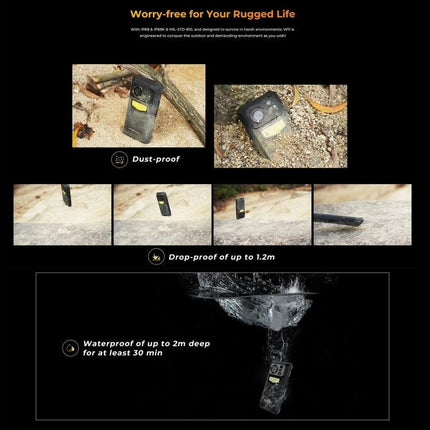 HOTWAV Rugged Phone for Daily Outdoor Activities showing dustproof, drop-proof tests and waterproof immersion