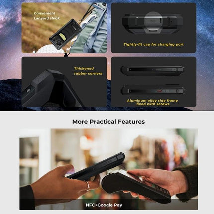 HOTWAV Rugged Phone for Daily Outdoor Activities showing lanyard hook, sealed charging cap, reinforced corners, aluminum frame and NFC Google Pay