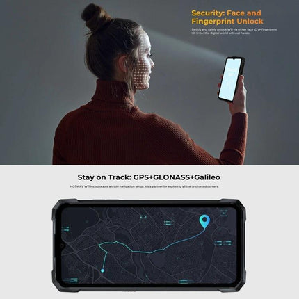 HOTWAV Rugged Phone for Daily Outdoor Activities – woman using face unlock and GPS map on rugged handset