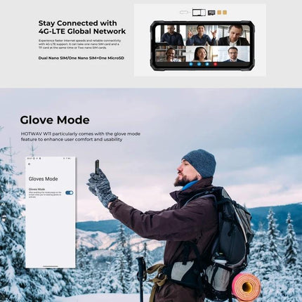 HOTWAV Rugged Phone for Daily Outdoor Activities shown with glove mode and hiker using phone in snowy mountain