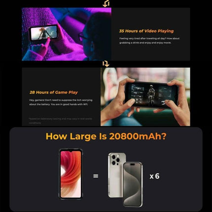 HOTWAV Rugged Phone for Daily Outdoor Activities showing long battery life with video and gaming usage visuals