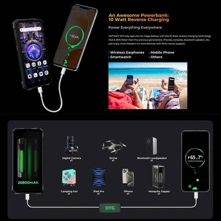 HOTWAV Rugged Phone for Daily Outdoor Activities shown charging another smartphone via 10W reverse charging powerbank feature